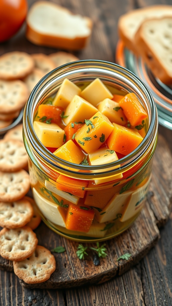 A homemade cheese jar with assorted cheeses in olive oil, garnished with herbs, beside crackers and bread.